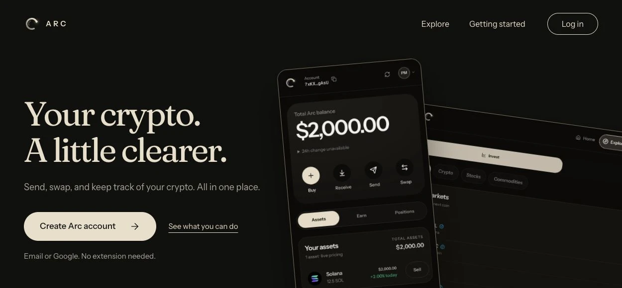 Arc crypto wallet landing page